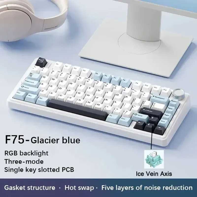 AULA F75 Clavier mécanique de jeu sans fil 2.4G / Bluetooth / filaire, RVB, personnalisable, disposition 75 %, montage à joint, profil OEM 14