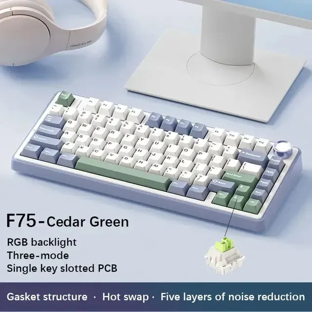 AULA F75 Clavier mécanique de jeu sans fil 2.4G / Bluetooth / filaire, RVB, personnalisable, disposition 75 %, montage à joint, profil OEM 12