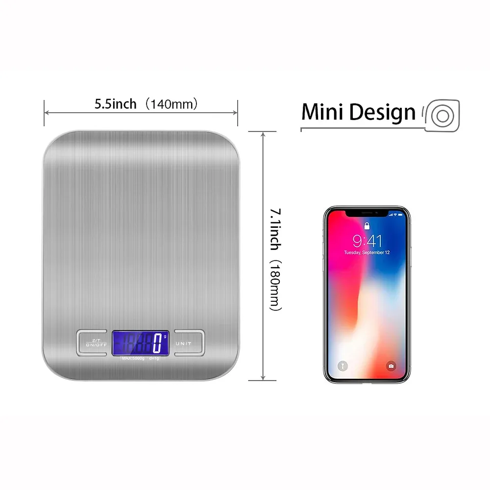 Balance de cuisine numérique à écran LED, 5 kg / 1 g, plateau en acier inoxydable 6