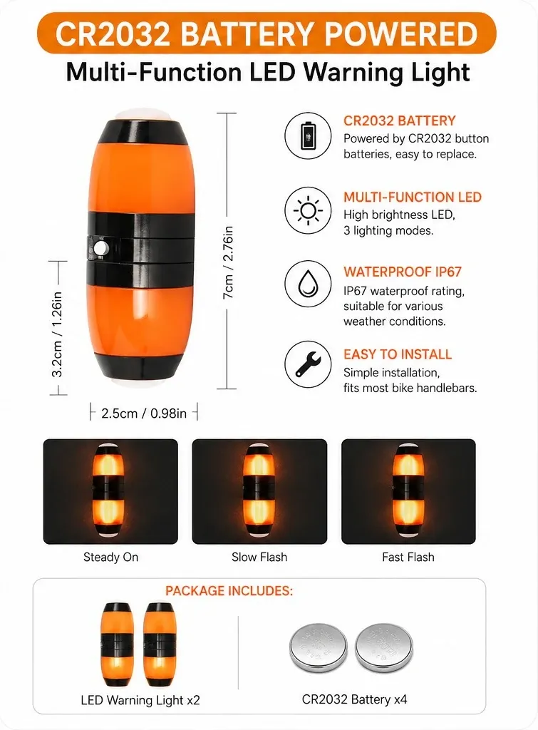 Feu d'avertissement LED pour guidon de vélo, vue détaillée