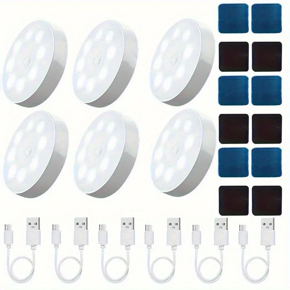 Lampe LED à détecteur de mouvement rechargeable par USB, veilleuse magnétique adhésive pour placard, éclairage à induction, 8 LED, fonctionnement sur batterie, lot de 6 8