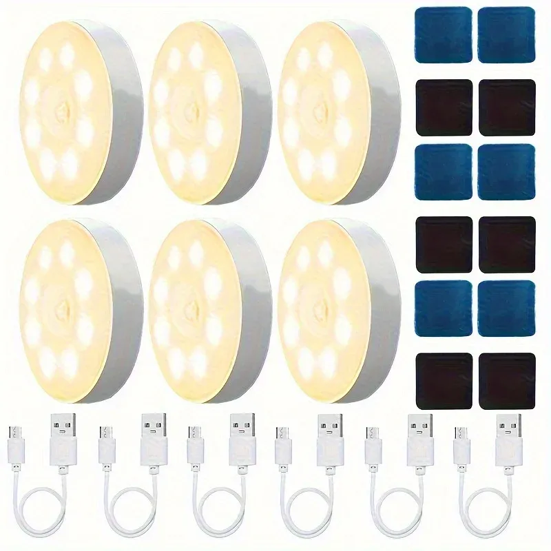 Lampe LED à détecteur de mouvement rechargeable par USB, veilleuse magnétique adhésive pour placard, éclairage à induction, 8 LED, fonctionnement sur batterie, lot de 6 7