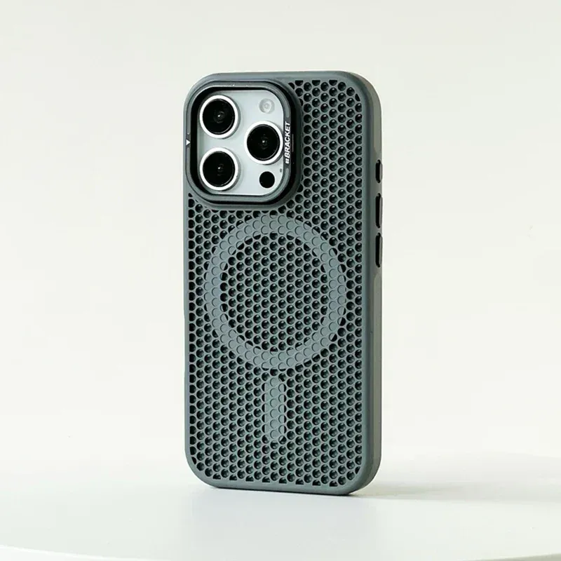 Grille de refroidissement en nid d'abeille pour étui MagSafe iPhone 16, 17 Pro, 18 Pro Max, 15, 14, 13, 12, 11, support d'objectif en alliage, étui de charge sans fil 7