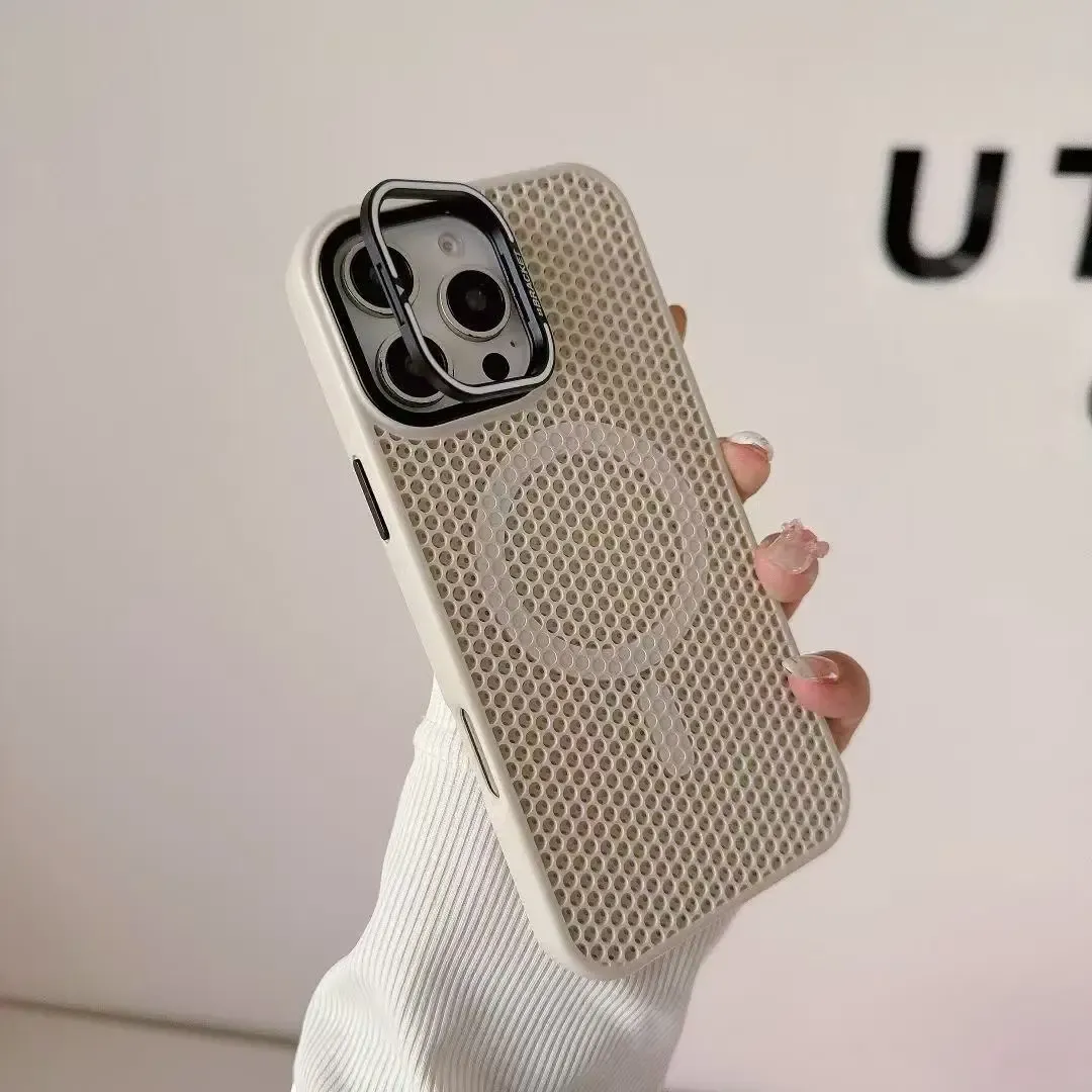 Grille de refroidissement en nid d'abeille pour étui MagSafe iPhone 16, 17 Pro, 18 Pro Max, 15, 14, 13, 12, 11, support d'objectif en alliage, étui de charge sans fil 12