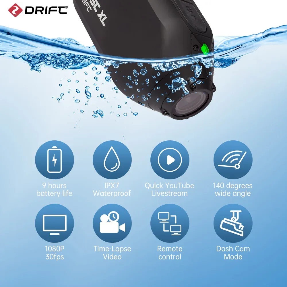 Drift Innovation Caméra d'action XL, vidéo Full HD 1080p, objectif rotatif, mode Dash Cam, étanche IPX7 2