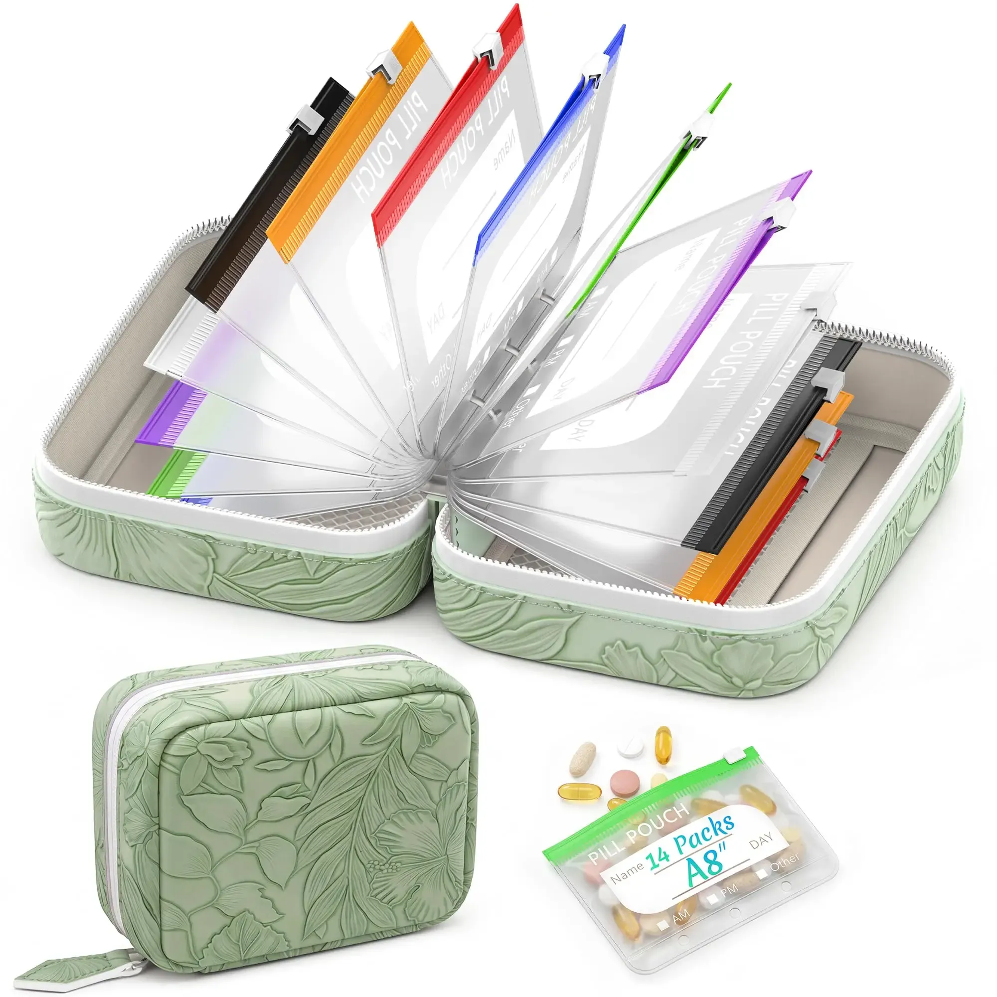 Pochette étanche A8 pour pilules, organiseur hebdomadaire 7/14 compartiments zippés, style sac à main 13