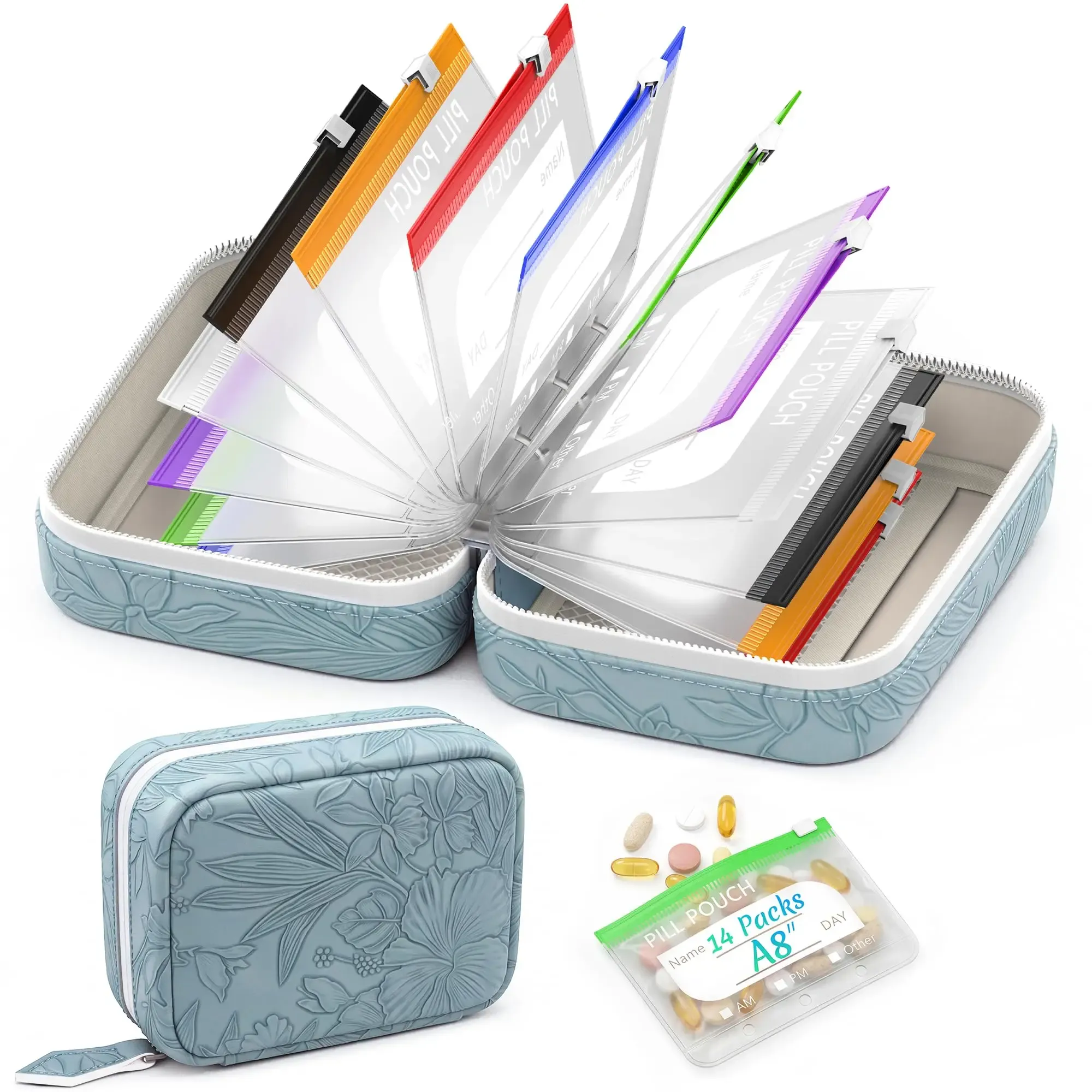 Pochette étanche A8 pour pilules, organiseur hebdomadaire 7/14 compartiments zippés, style sac à main 14