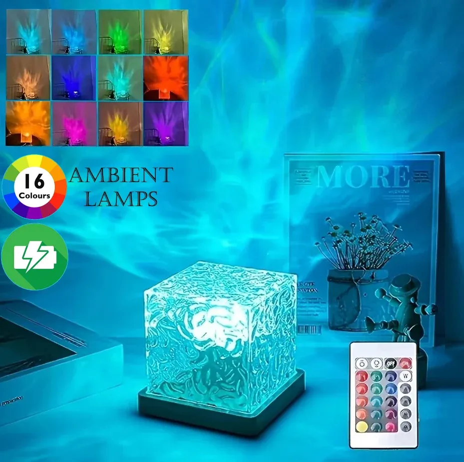 Veilleuse à projection Aurora RGB 16 couleurs, effet vague océan, télécommande, rechargeable, lampe de table décorative pour la maison - Image 1