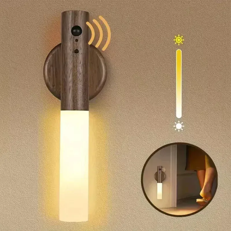 Appliques murales rechargeables, lampes murales magnétiques, veilleuse à détecteur de mouvement, éclairage mural en bois pour chambre à coucher et escalier 3