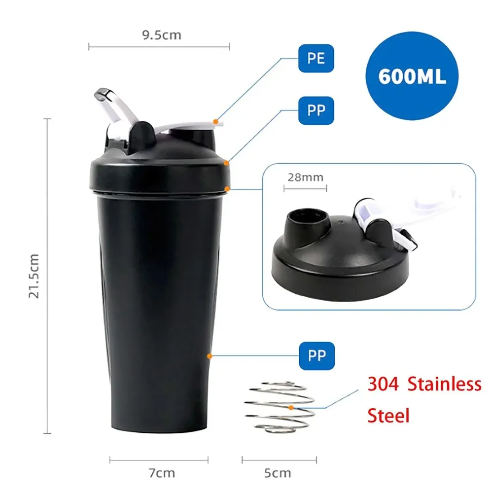 Shaker à protéines portable 600 ml avec fouet à fil et bille mélangeuse, idéal pour le fitness et la salle de sport en plein air 5