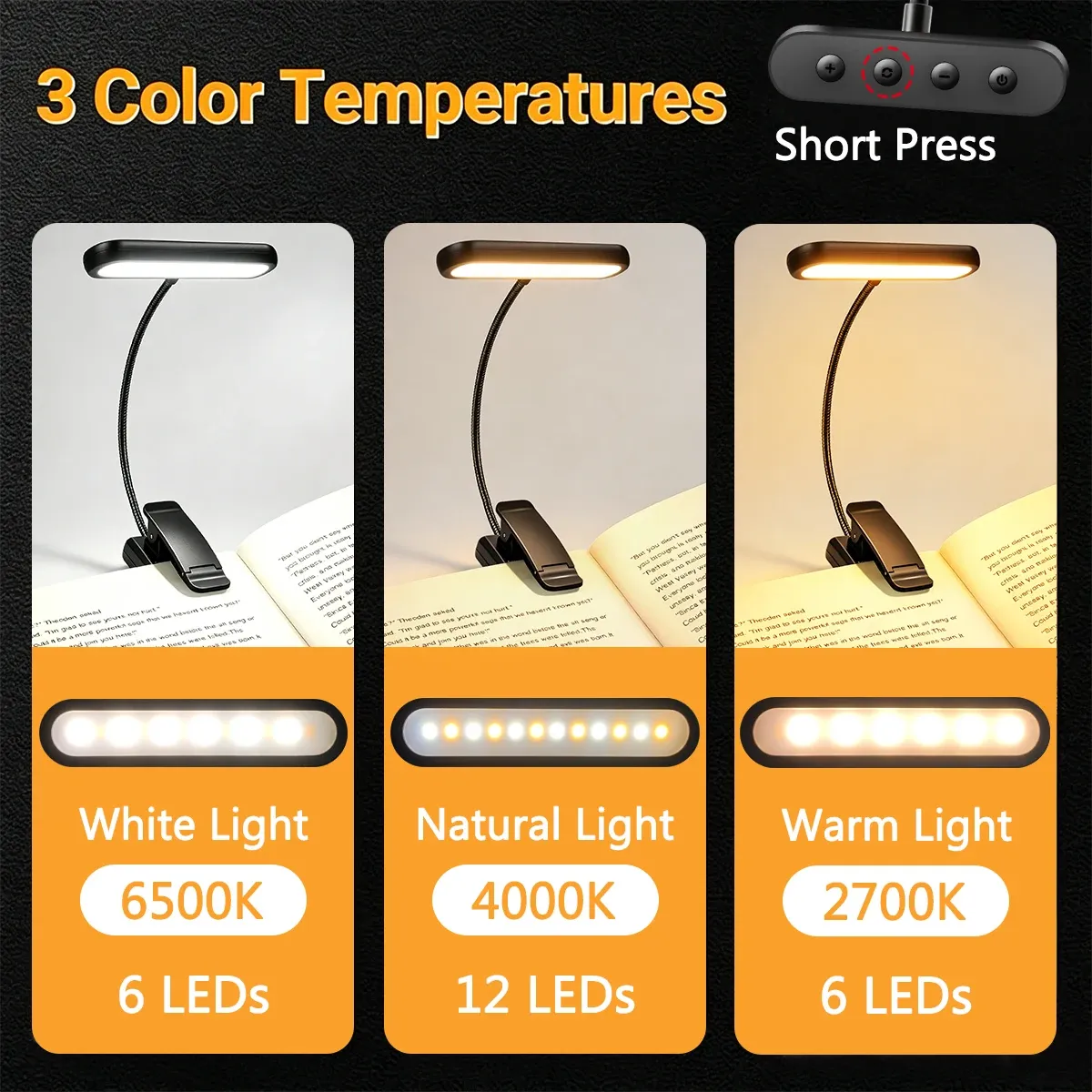 Lampe de lecture à clipser, 12 LED, protection des yeux, 3 couleurs d'éclairage, 10 niveaux de luminosité, rechargeable, longue durée de vie 3