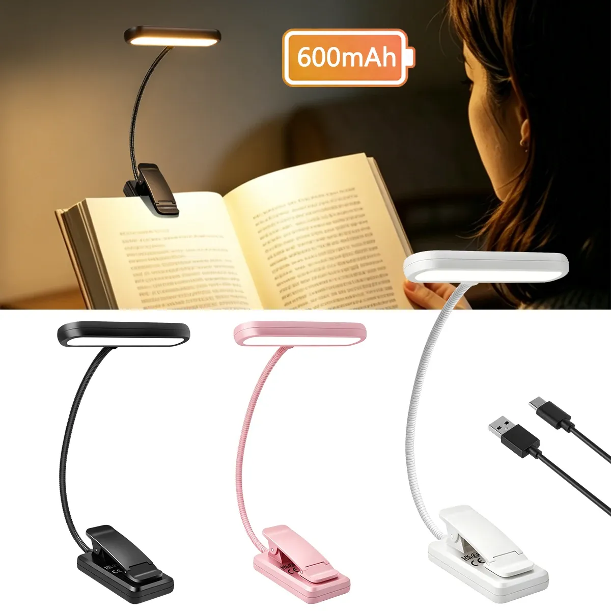 Lampe de lecture à clipser, 12 LED, protection des yeux, 3 couleurs d'éclairage, 10 niveaux de luminosité, rechargeable, longue durée de vie