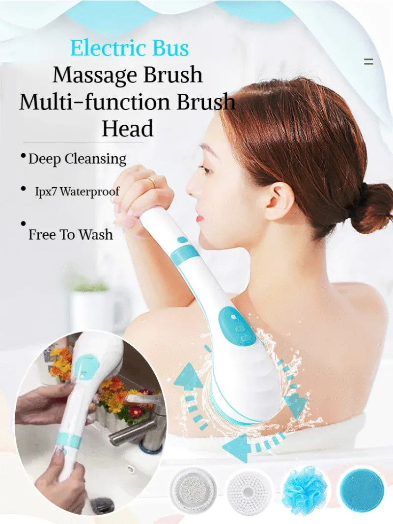 Brosse de bain électrique 5 en 1 à manche long, nettoyage en profondeur et massage, étanche 2