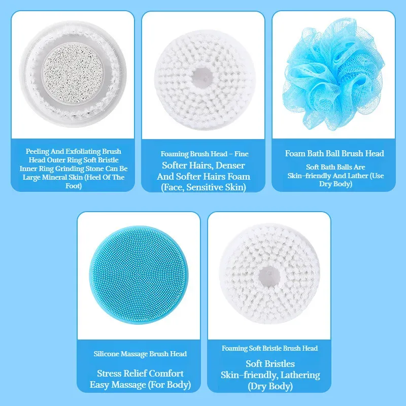 Brosse de bain électrique 5 en 1 à manche long, nettoyage en profondeur et massage, étanche 5
