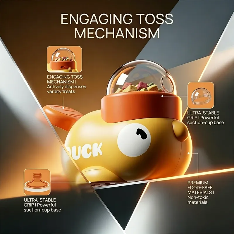 Jouet interactif 2-en-1 pour chien : distributeur de friandises et mangeoire à alimentation lente, design canard 4