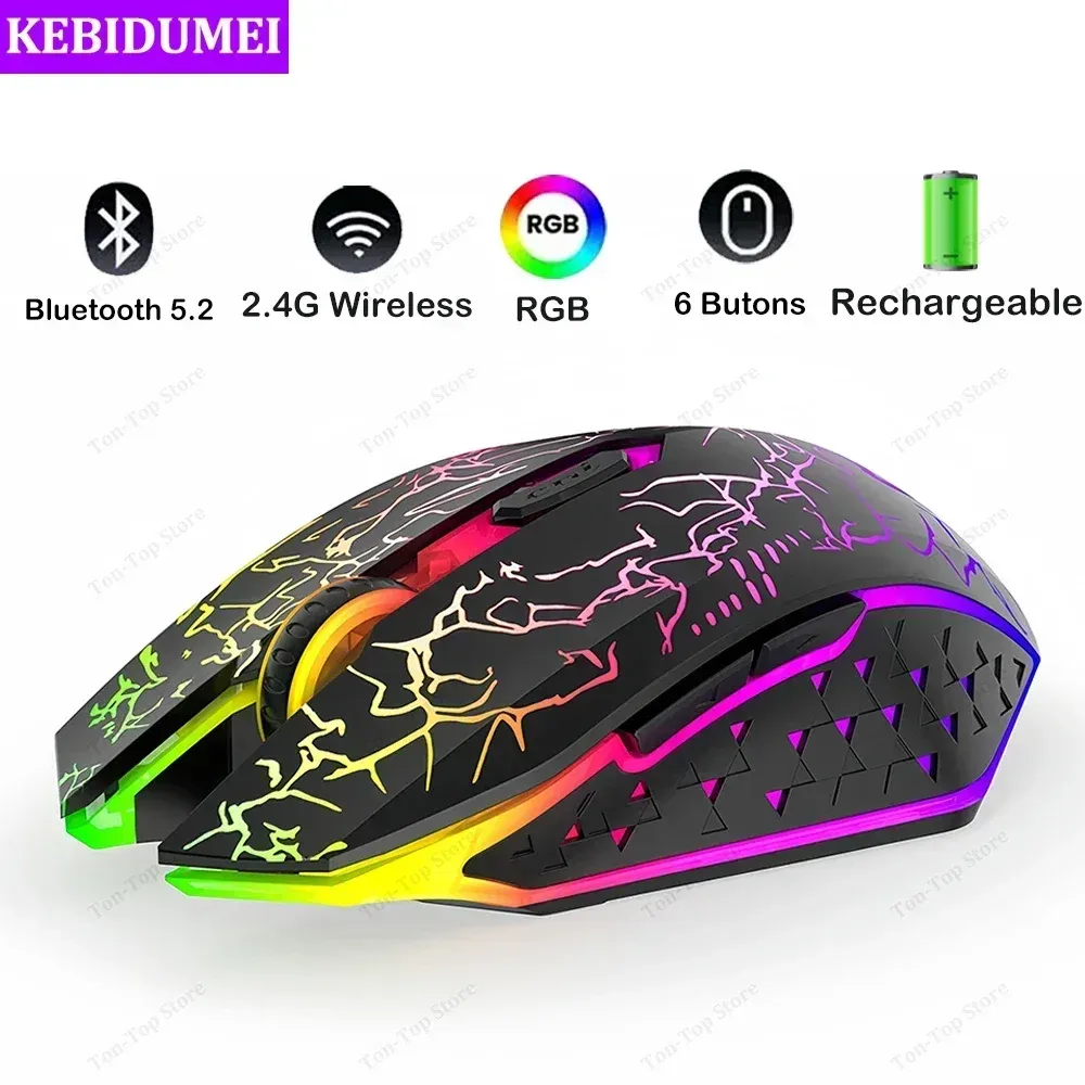 Souris sans fil Bluetooth 5.2 RGB 2,4 GHz à double mode pour gaming, 6 boutons silencieux, compatible MacBook, tablette et ordinateur portable