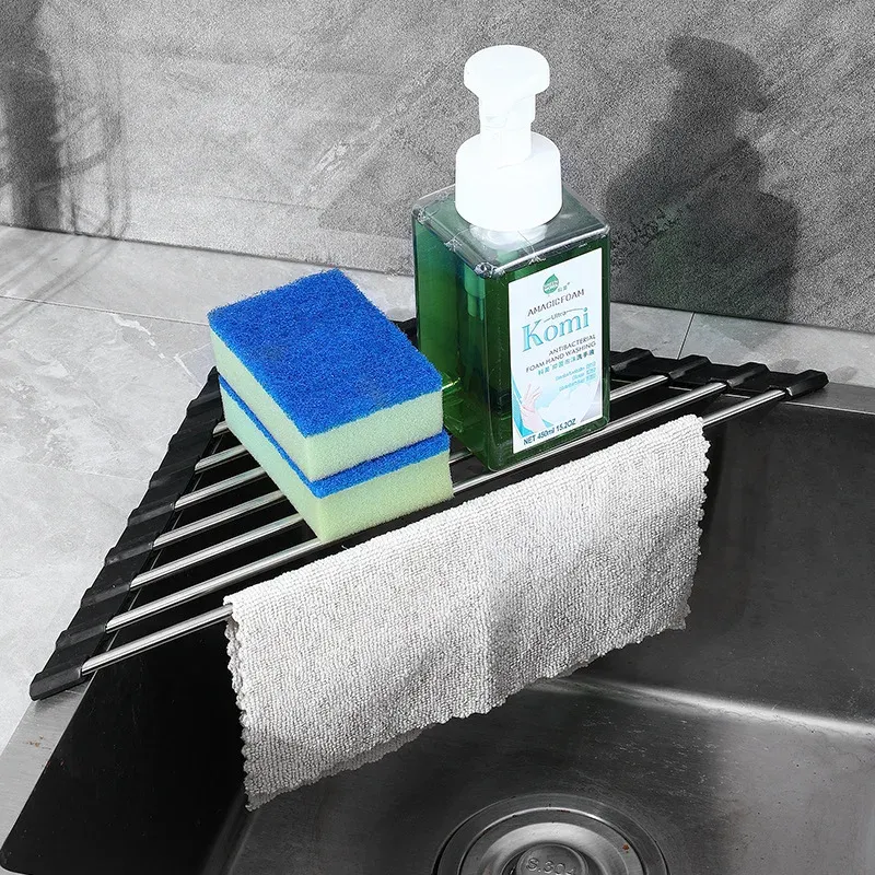 Égouttoir à vaisselle triangulaire enroulable, organisateur de cuisine pour angle d'évier avec porte-éponge pliable