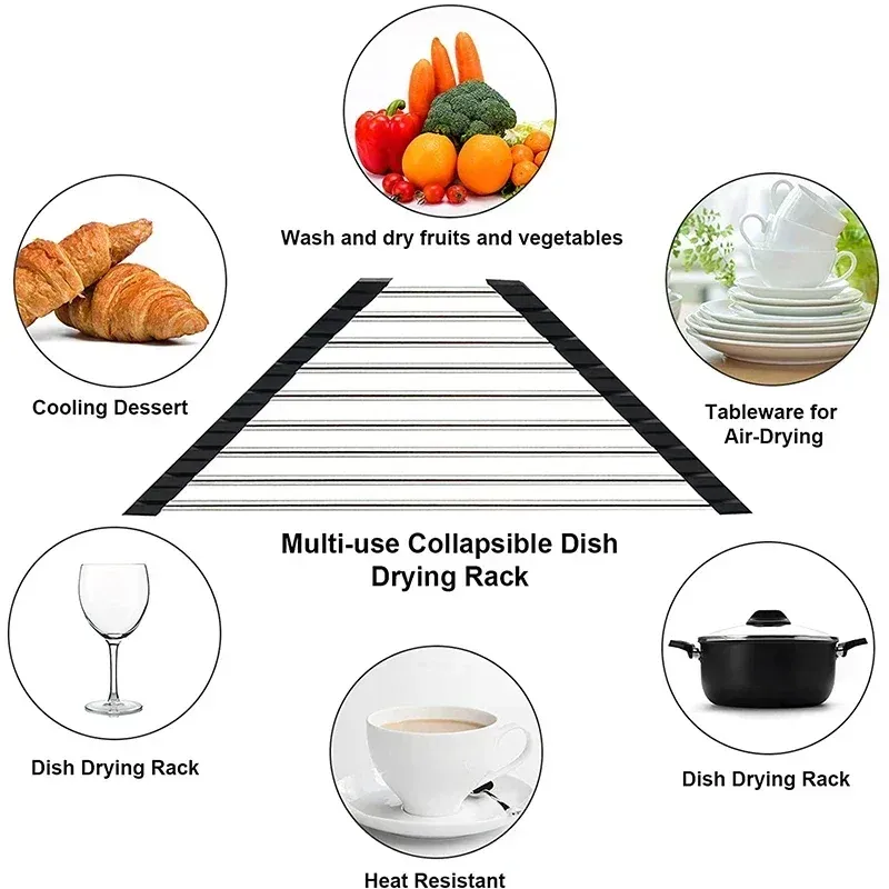 Égouttoir à vaisselle triangulaire enroulable, organisateur de cuisine pour angle d'évier avec porte-éponge pliable 4