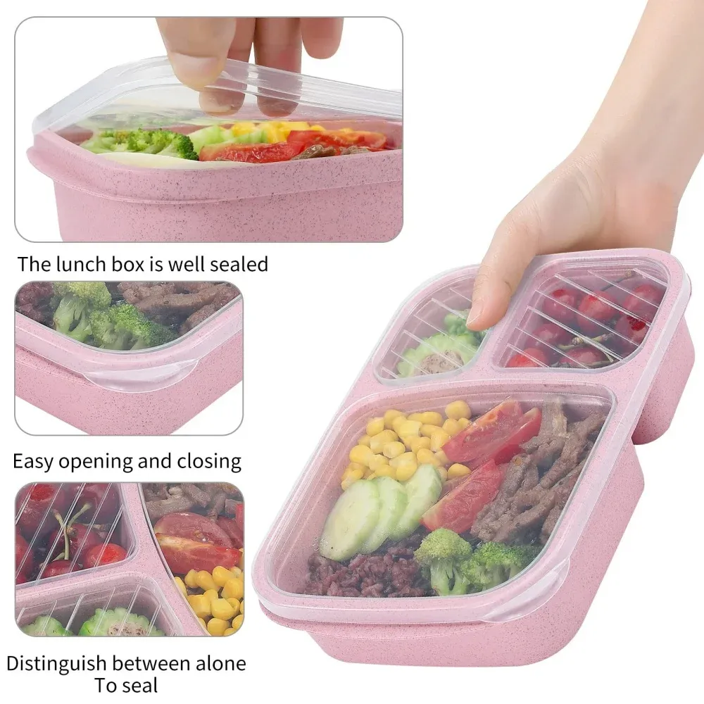 Boîte à déjeuner Bento 3 compartiments en paille de blé, conteneur de rangement alimentaire pour la préparation des repas, lot de 4 2