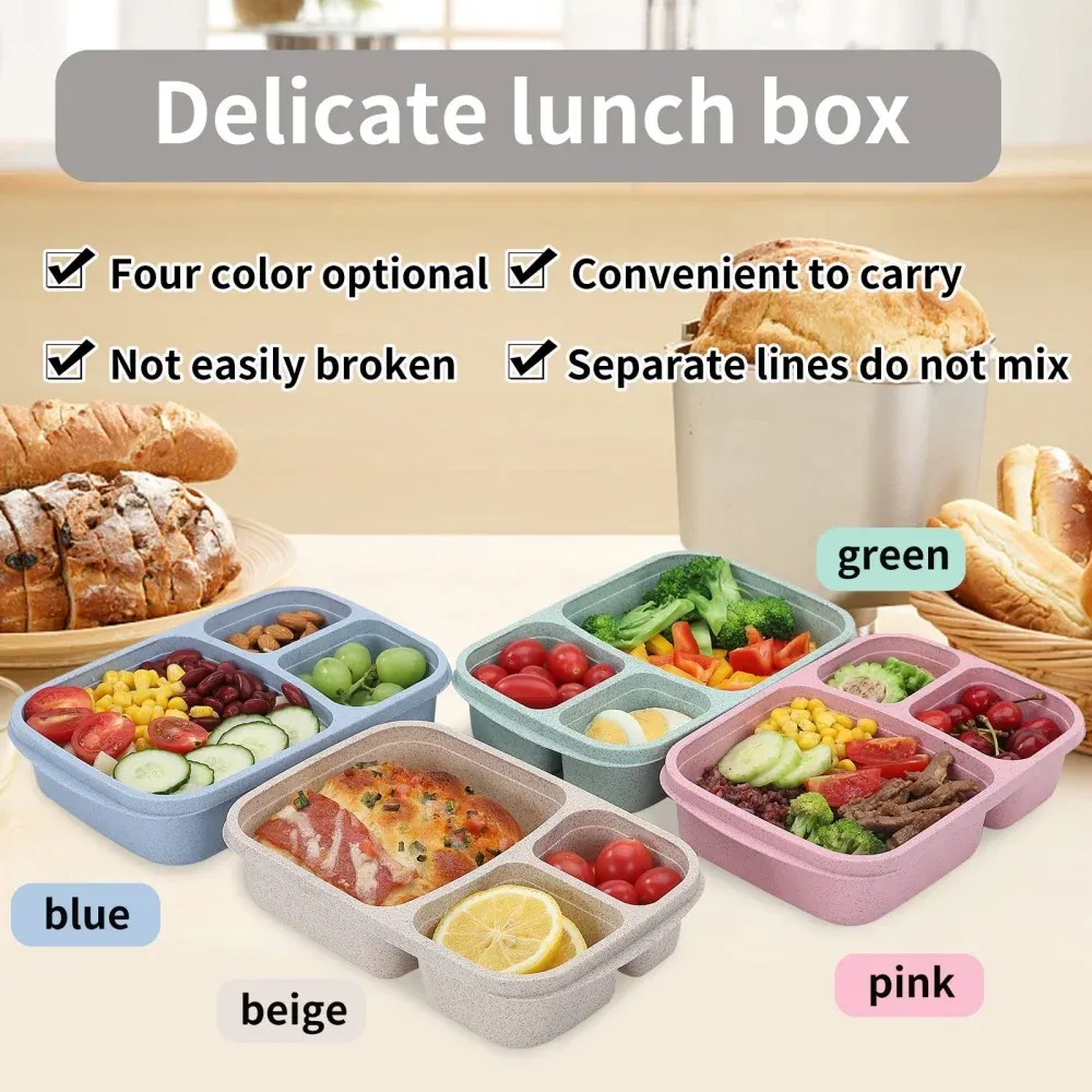 Boîte à déjeuner Bento 3 compartiments en paille de blé, conteneur de rangement alimentaire pour la préparation des repas, lot de 4 3
