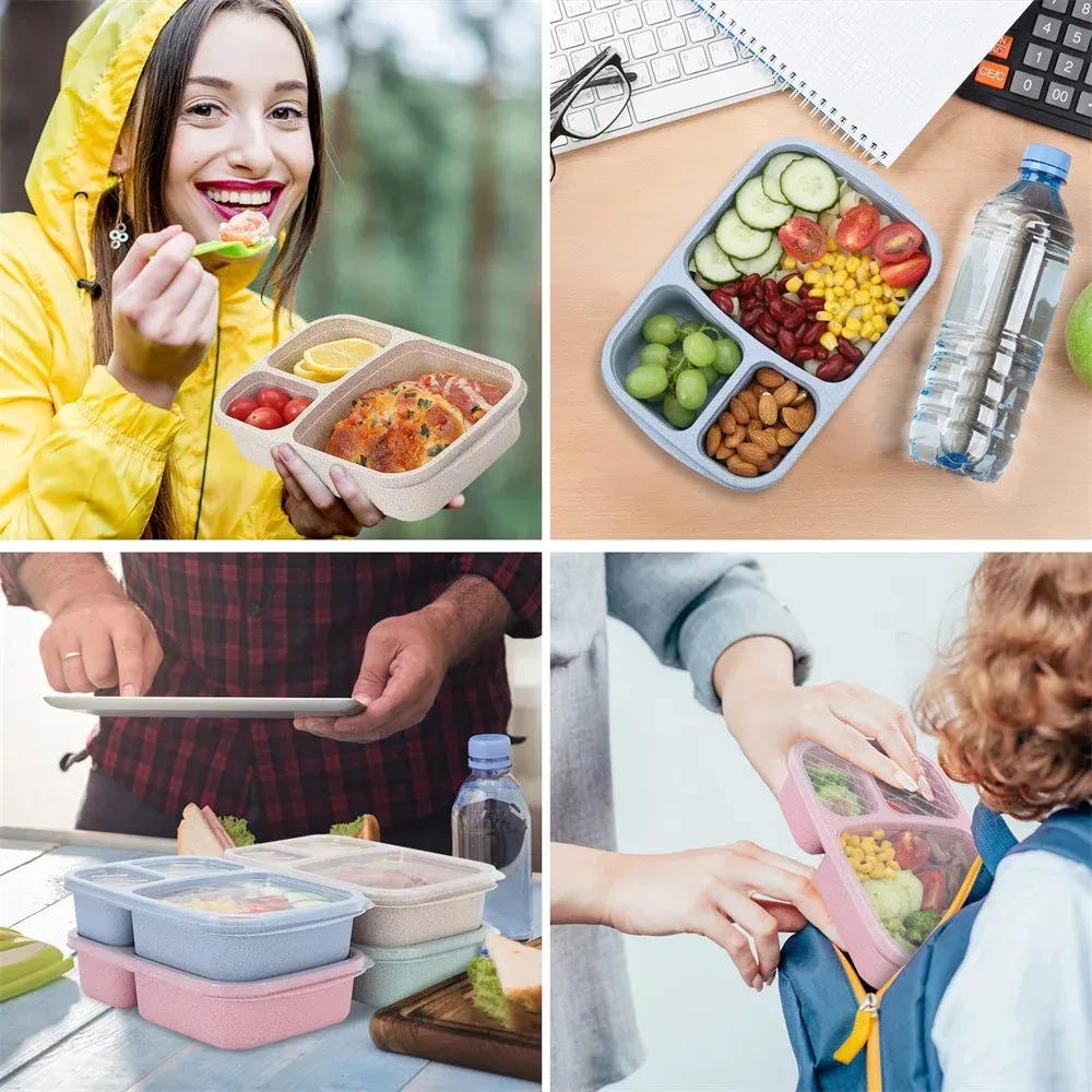 Boîte à déjeuner Bento 3 compartiments en paille de blé, conteneur de rangement alimentaire pour la préparation des repas, lot de 4 4