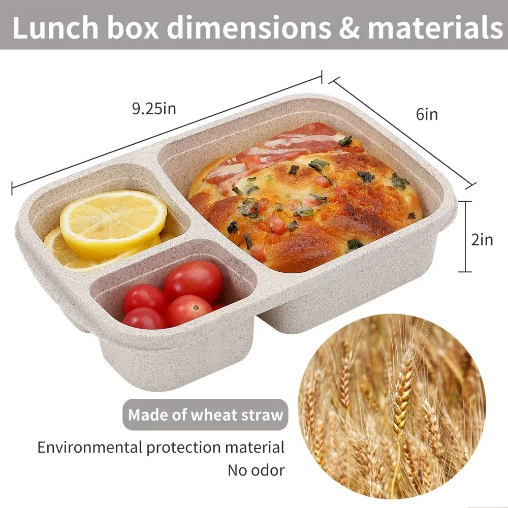 Boîte à déjeuner Bento 3 compartiments en paille de blé, conteneur de rangement alimentaire pour la préparation des repas, lot de 4 5