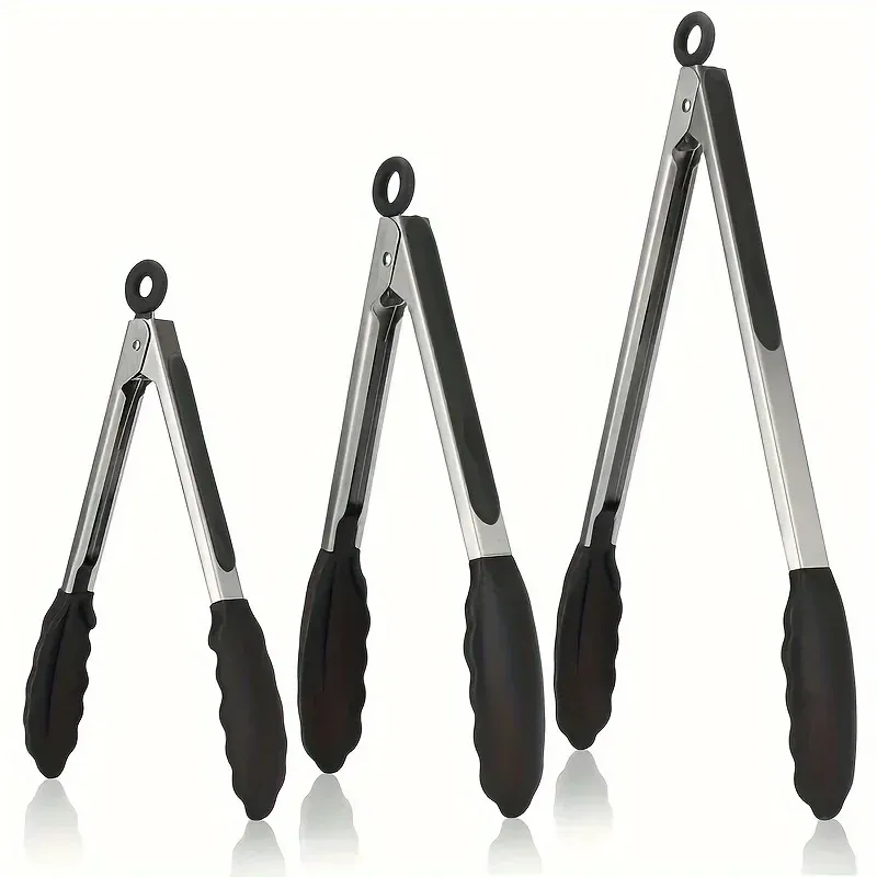 Pinces de cuisine robustes en acier inoxydable à embouts en silicone, résistantes aux hautes températures, à verrouillage intégré, disponibles en 3 tailles 1