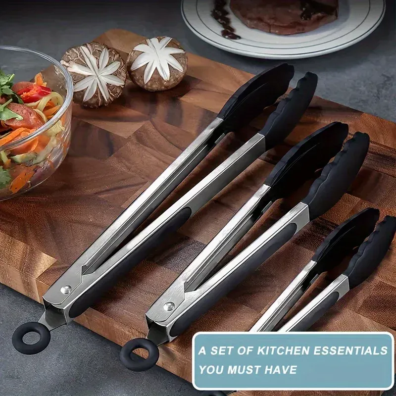 Pinces de cuisine robustes en acier inoxydable à embouts en silicone, résistantes aux hautes températures, à verrouillage intégré, disponibles en 3 tailles 2