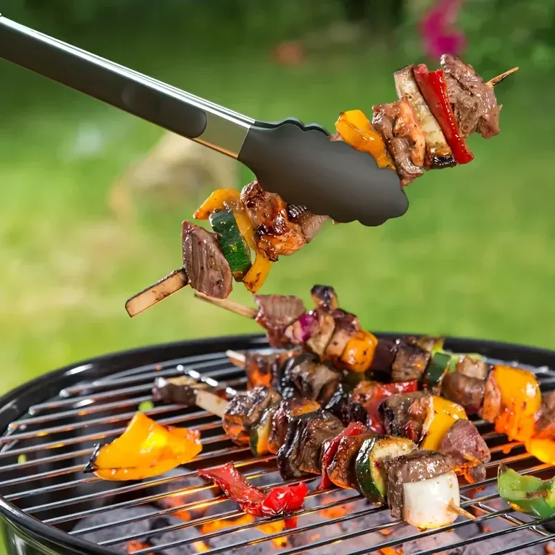 Pinces de cuisine robustes en acier inoxydable à embouts en silicone, résistantes aux hautes températures, à verrouillage intégré, disponibles en 3 tailles 4