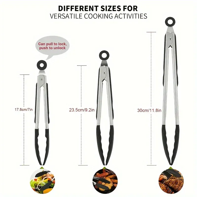 Pinces de cuisine robustes en acier inoxydable à embouts en silicone, résistantes aux hautes températures, à verrouillage intégré, disponibles en 3 tailles 6
