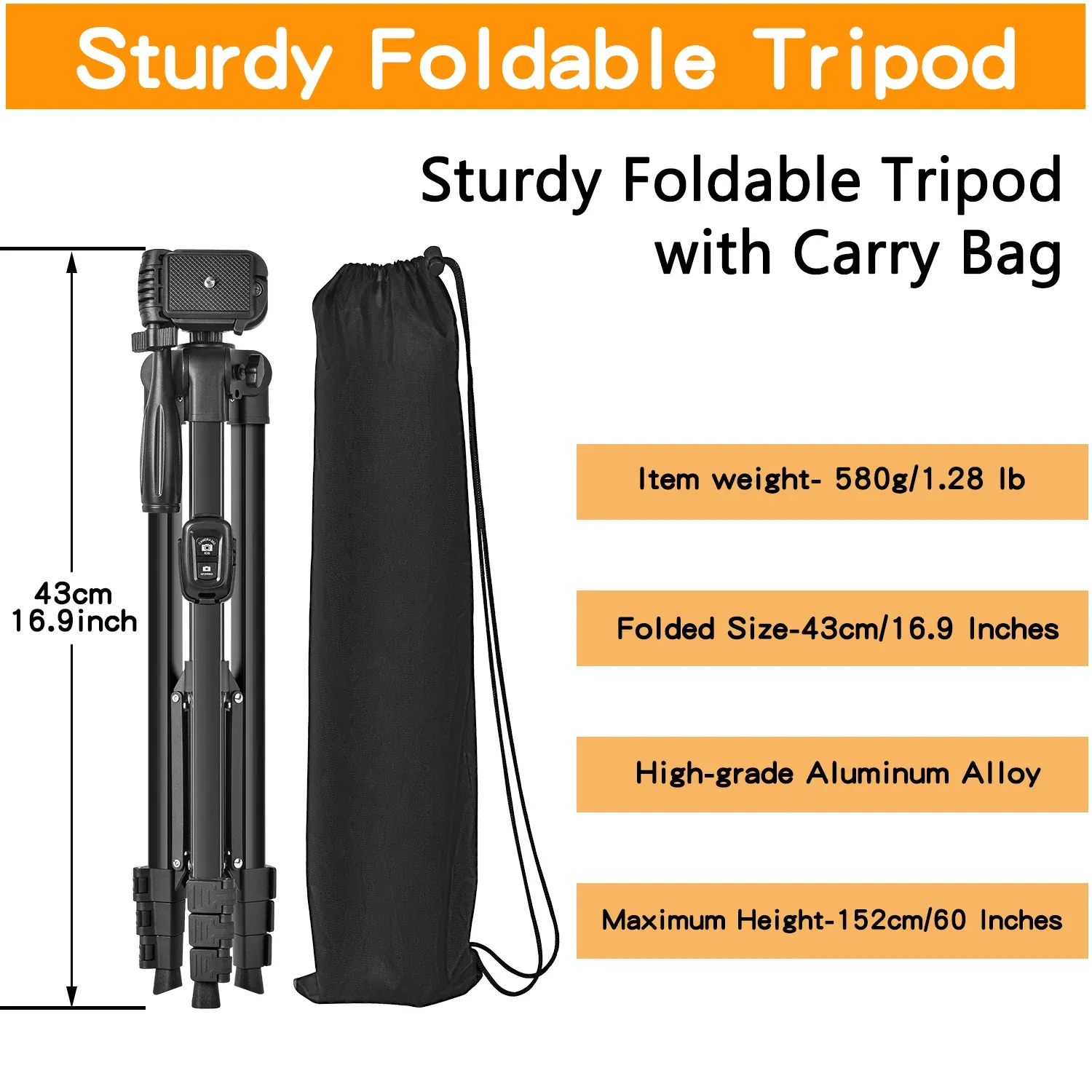 Trépied pour appareil photo 60 pouces (152 cm) avec sac de transport, trépied pour téléphone avec télécommande, en alliage d'aluminium 2