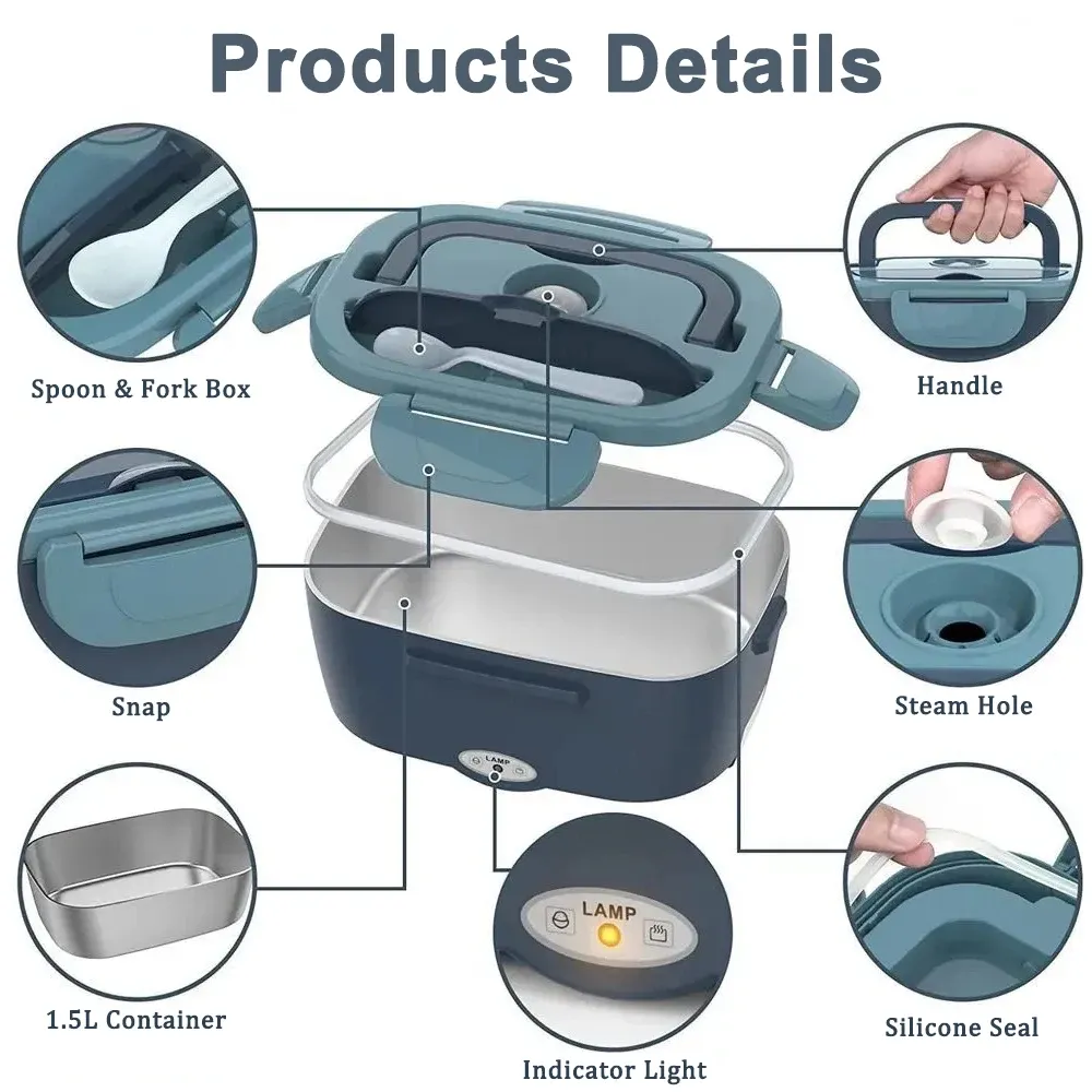 Boîte-repas isotherme chauffante électrique avec récipient amovible en acier inoxydable – Chauffe-plat portable pour voiture, bureau et école 5