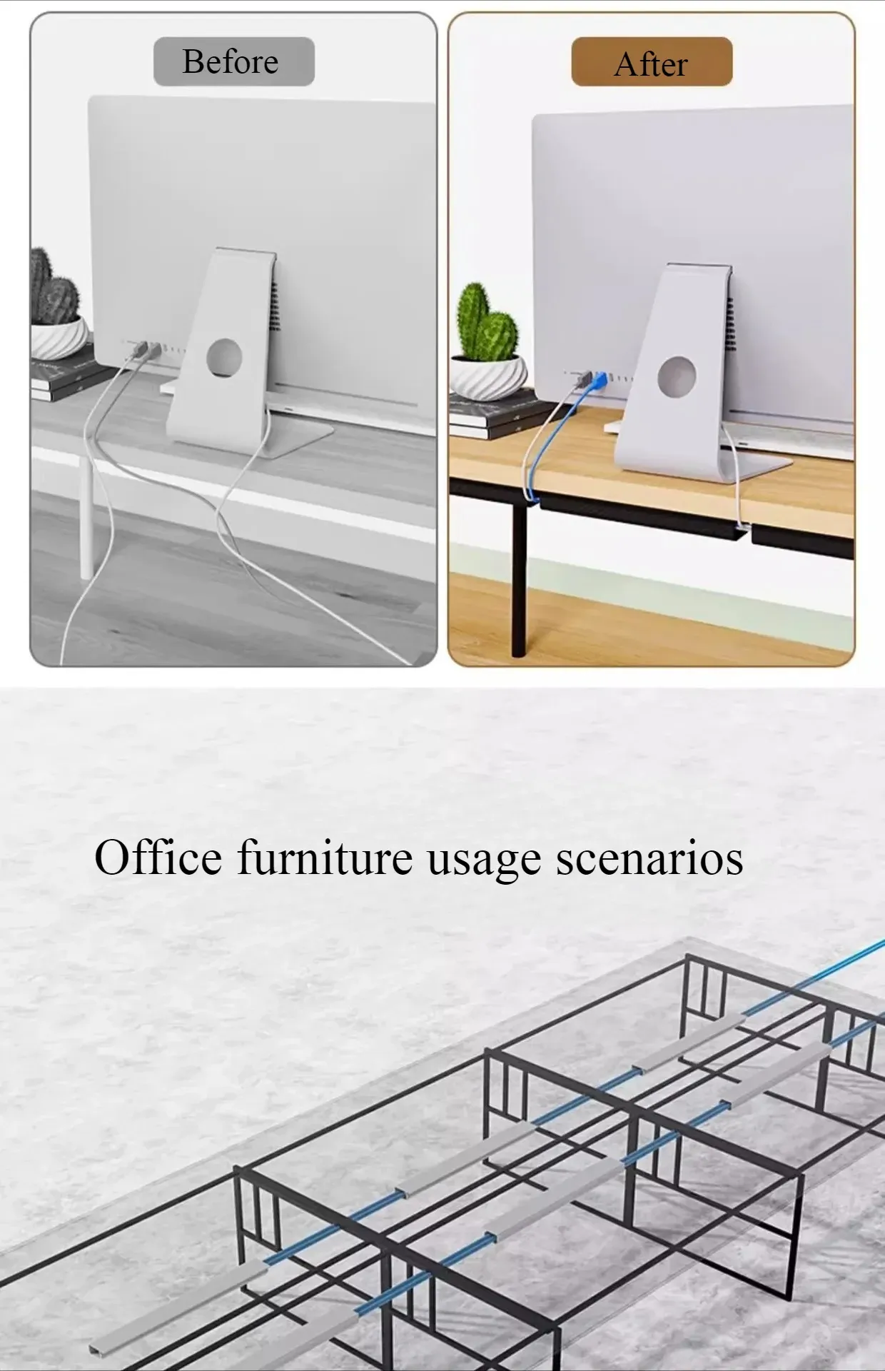 Espace de travail organisé avec gestion des câbles