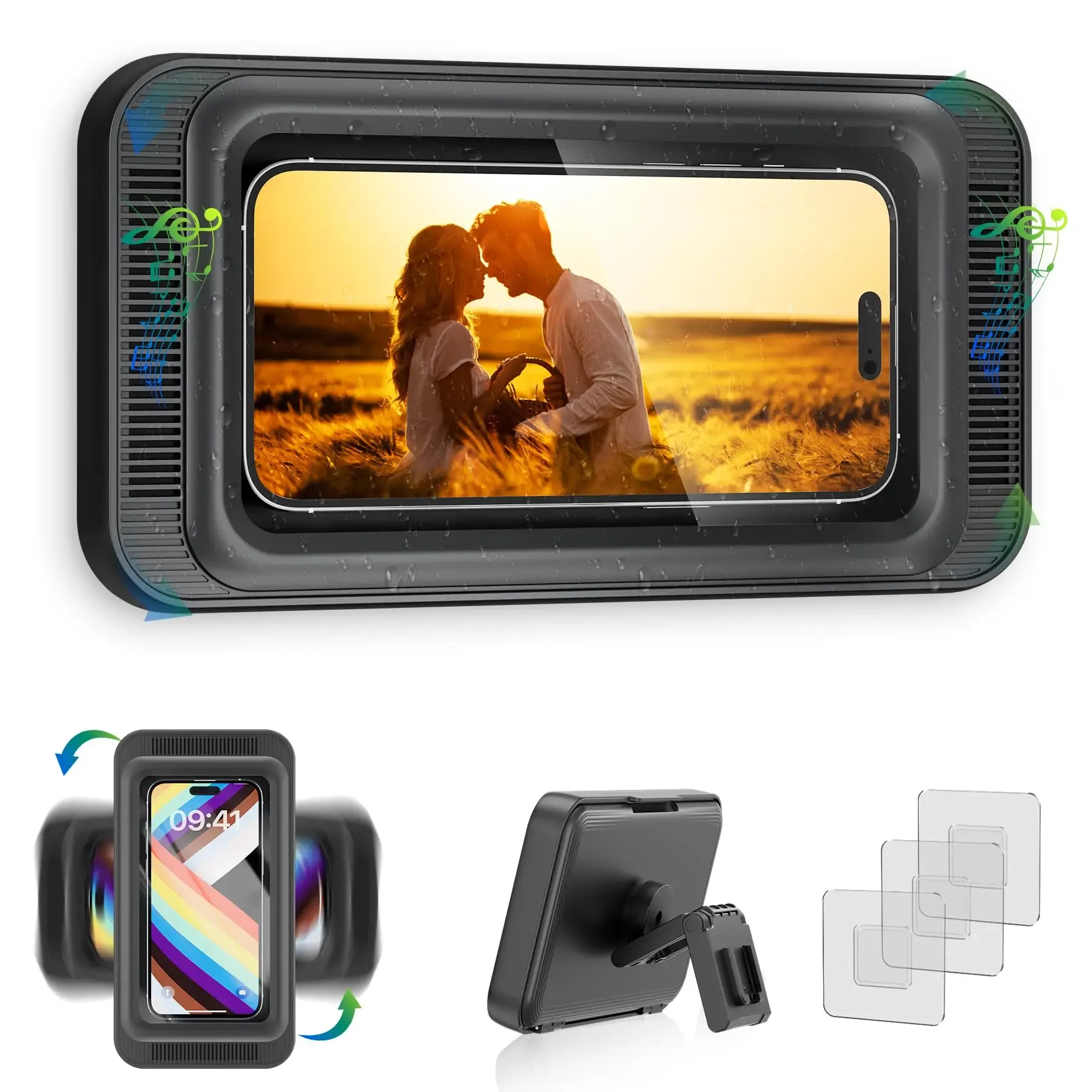 Support de téléphone de douche avec haut-parleur, rotation à 480°, support mural et étui étanche anti-buée pour smartphones de 4 à 7 pouces 8