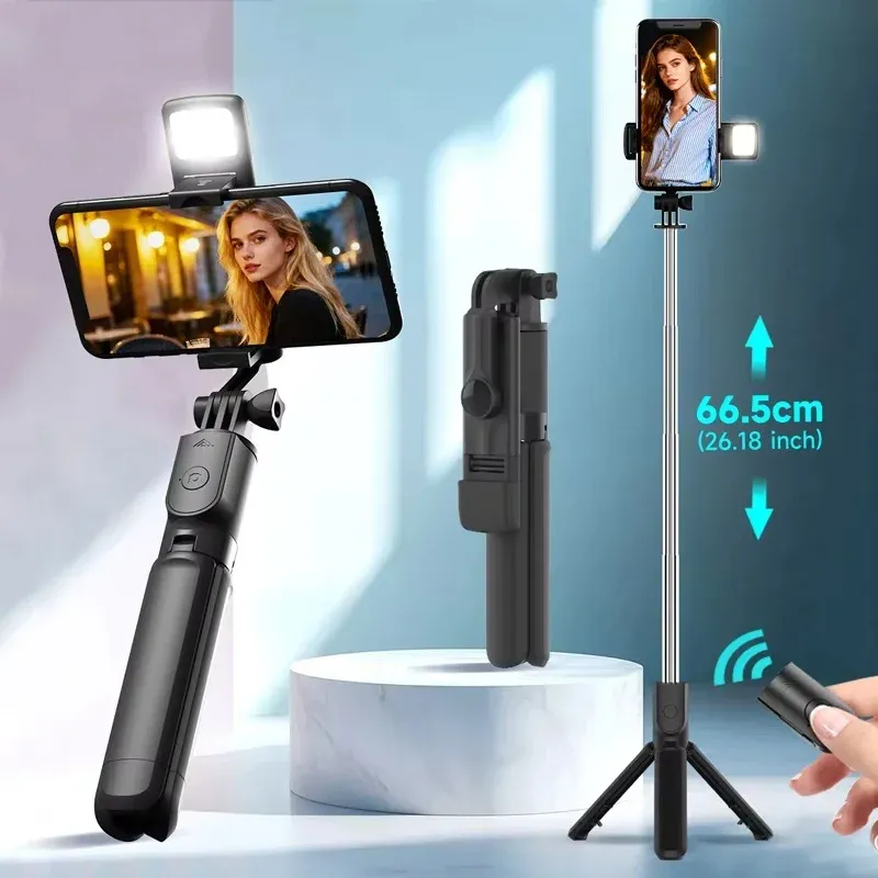 Trépied perche à selfie pour téléphone avec télécommande Bluetooth sans fil et lumière LED de remplissage, pour streaming en direct