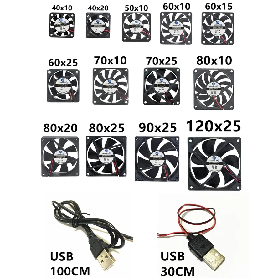 Ventilateur de refroidissement sans balais silencieux, disponible en 40 mm, 50 mm, 60 mm, 70 mm, 80 mm, 90 mm et 120 mm, avec câble USB - Image 1