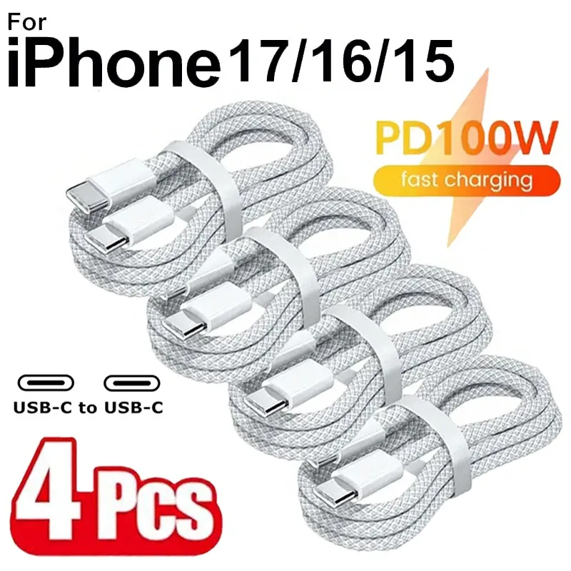 Lot de 4 câbles USB-C vers USB-C 100 W pour charge rapide, compatibles iPhone 15, 16, 17, Samsung, Xiaomi et Huawei
