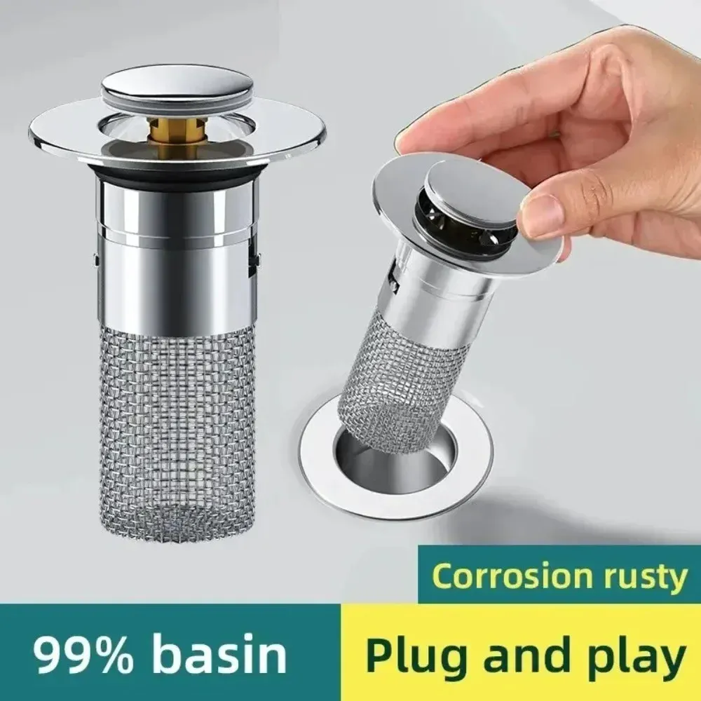 Bonde de vidange escamotable pour lavabo de salle de bain, filtre anti-cheveux amovible en acier inoxydable, bouchon anti-colmatage