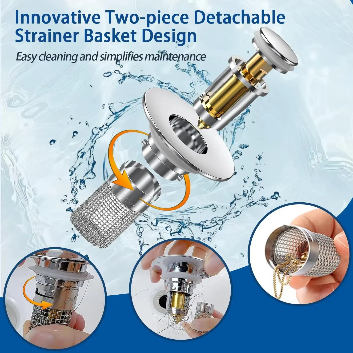 Bonde de vidange escamotable pour lavabo de salle de bain, filtre anti-cheveux amovible en acier inoxydable, bouchon anti-colmatage 6
