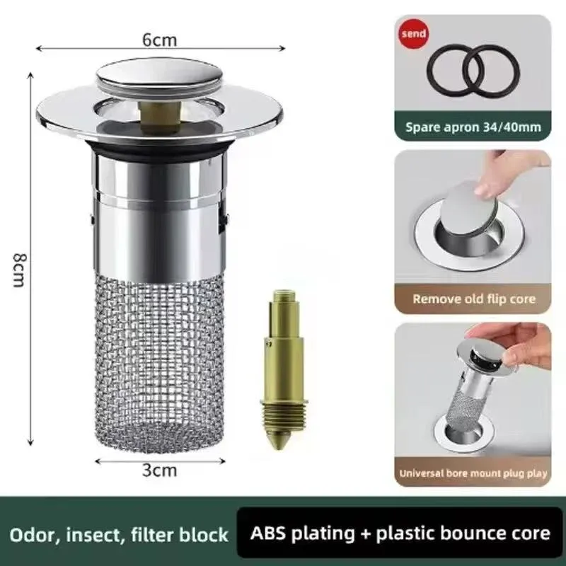 Bonde de vidange escamotable pour lavabo de salle de bain, filtre anti-cheveux amovible en acier inoxydable, bouchon anti-colmatage 7