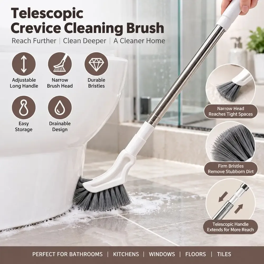 Brosse de nettoyage extensible à long manche, à tête étroite pour fentes et espaces exigus, à suspendre au mur - Image 1