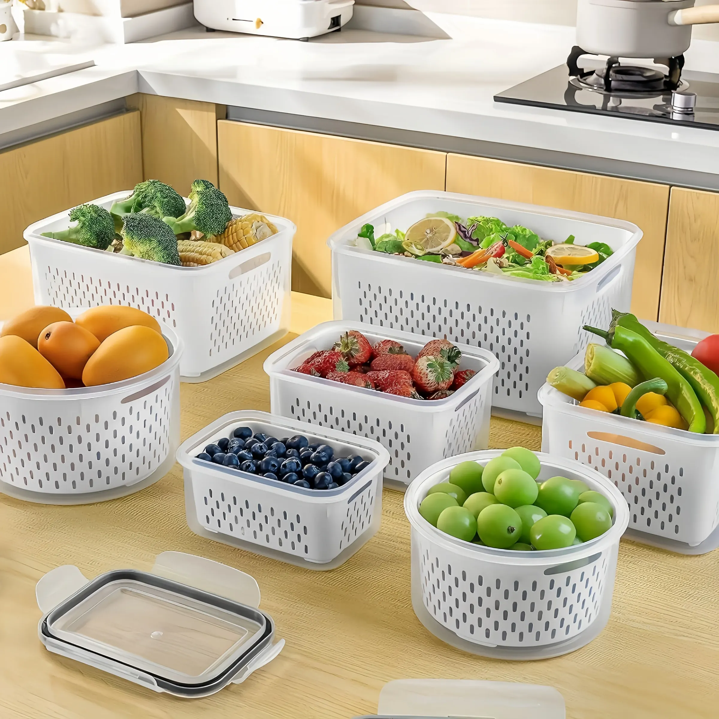Ensemble de conservation pour réfrigérateur avec passoire amovible, bol de lavage de fruits tout-en-un, lot de 9 pièces - Image 1