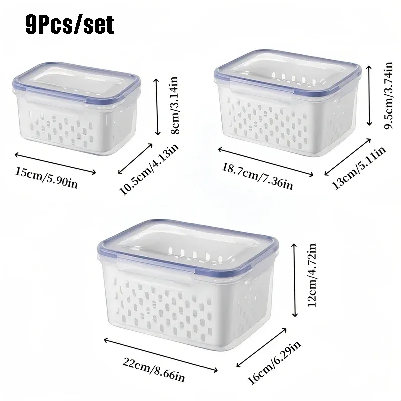 Ensemble de conservation pour réfrigérateur avec passoire amovible, bol de lavage de fruits tout-en-un, lot de 9 pièces 8