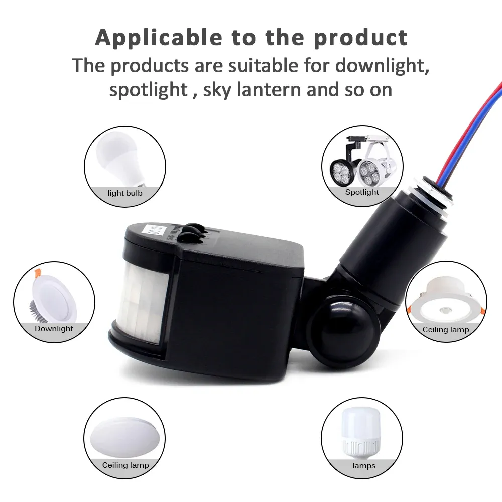 Interrupteur détecteur de mouvement PIR mural 220 V / 110 V / 12 V pour éclairage LED, avec minuterie, usage extérieur 5