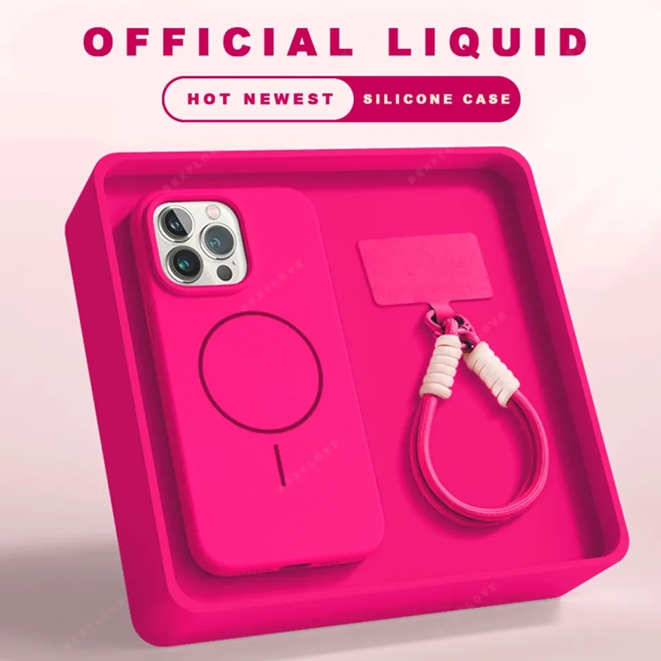 Coque magnétique avec lanière pour iPhone 11 à 16 Pro Max, compatible MagSafe, en silicone liquide souple 1