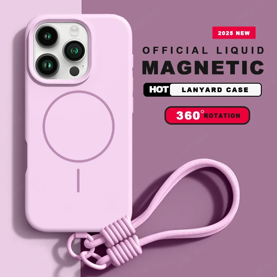 Coque magnétique avec lanière pour iPhone 11 à 16 Pro Max, compatible MagSafe, en silicone liquide souple 2