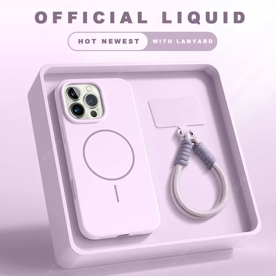 Coque magnétique avec lanière pour iPhone 11 à 16 Pro Max, compatible MagSafe, en silicone liquide souple 17