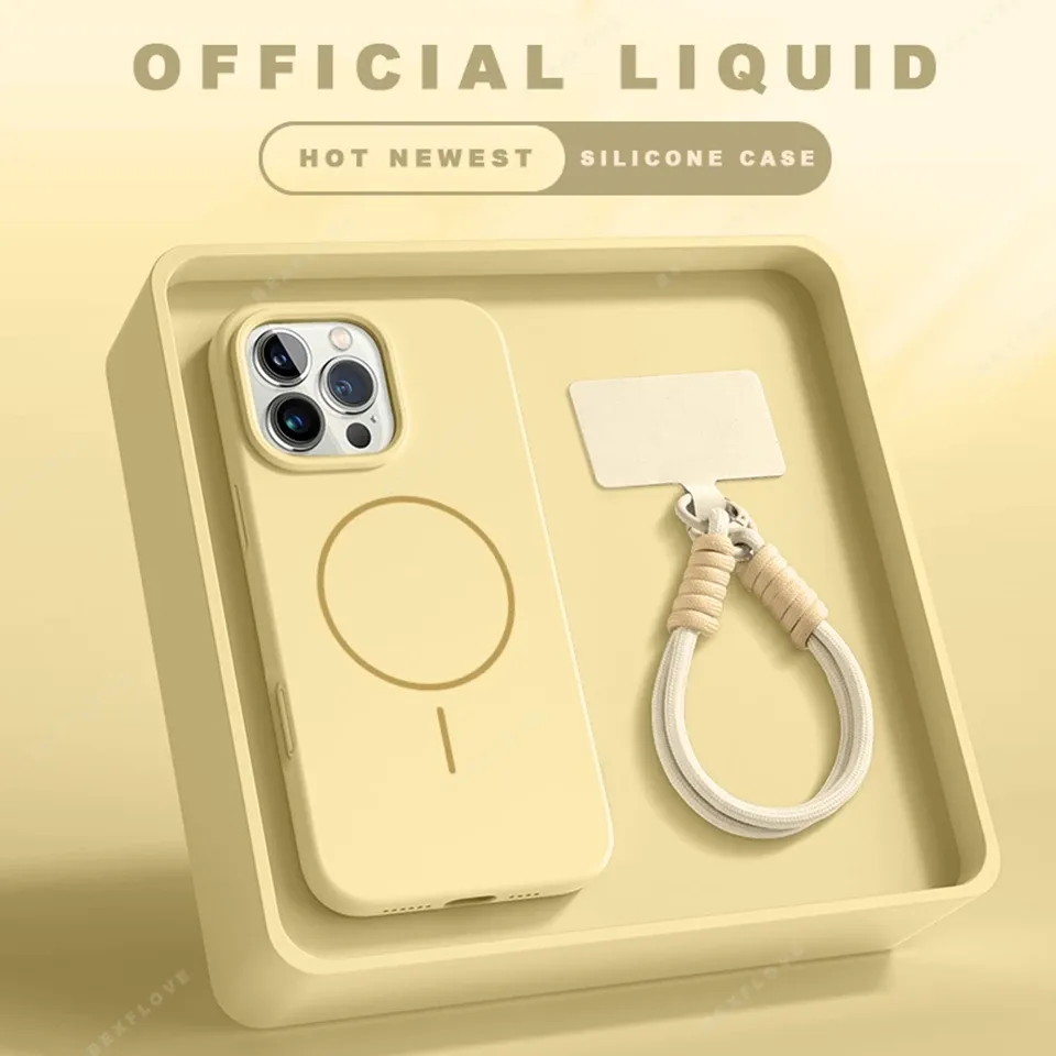 Coque magnétique avec lanière pour iPhone 11 à 16 Pro Max, compatible MagSafe, en silicone liquide souple 14
