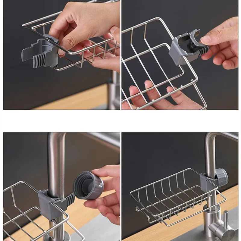 Égouttoir d'évier de cuisine en acier inoxydable avec support pour éponge et porte-savon 5