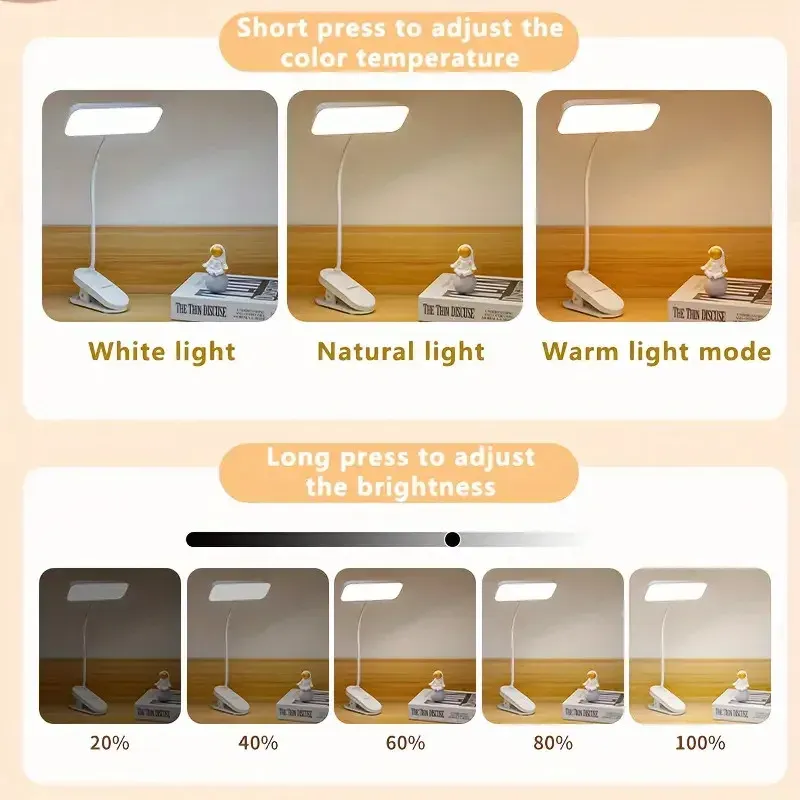Lampe de bureau LED à pince rechargeable par USB, idéale pour étudiants et dortoirs 4